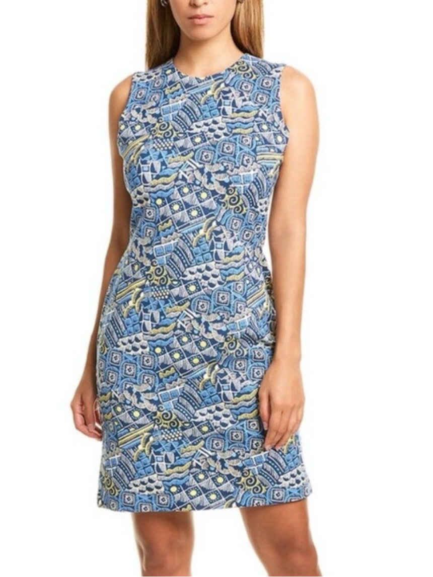 J. Mclaughlin Dress Sz L Talavera Devon Sheath Art Wear Blue Catalina Abstract
